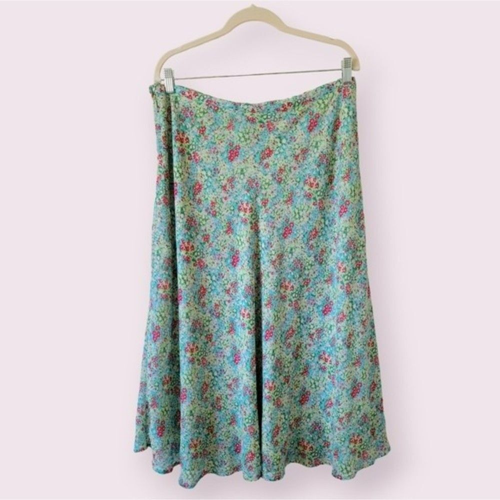 Vintage Turquoise Ditsy Floral Midi Skirt Size L 90s Y2K Cottagecore Lined - Picture 10 of 10